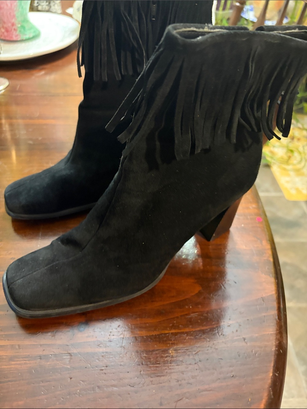 PAZZO Black Suede Fringe Ankle Booties with Block Heel